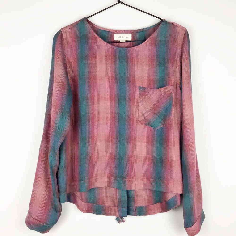 CLOTH & STONE Lace-up Back Plaid/Stripe Top